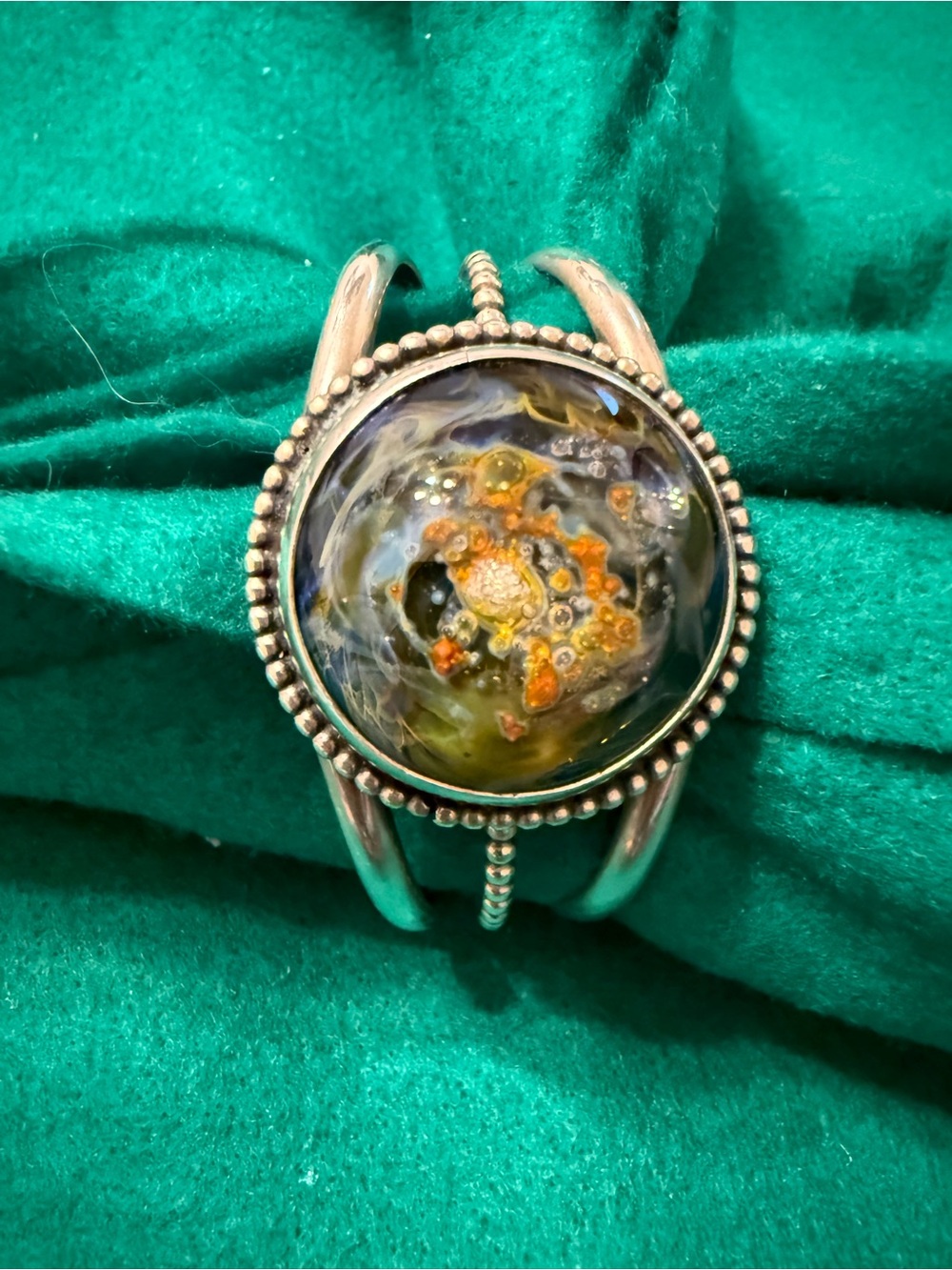 Handmade Silver Cuff Bracelet with Multicolor Glass Cabochon